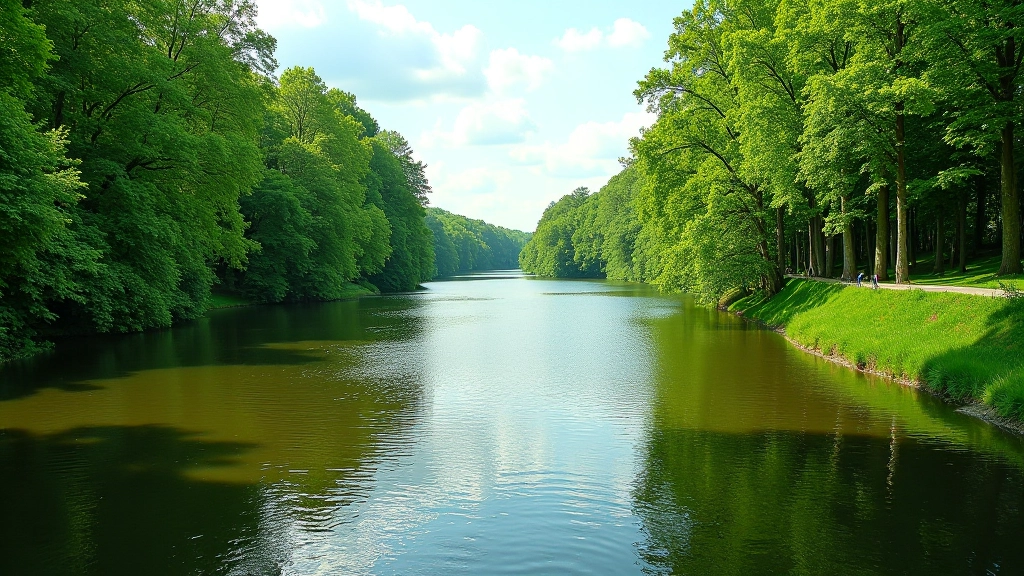 Skats uz Gauju no ceļa, balta ūdensrindā, meža klāts krasti, spilgti vasaras krāsas